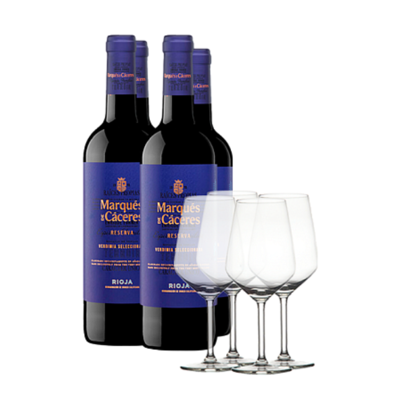 Image of Pack Marqués de Cáceres Reserva (x4) con 4 Copas Weinflaschen mit Gläsern 2020